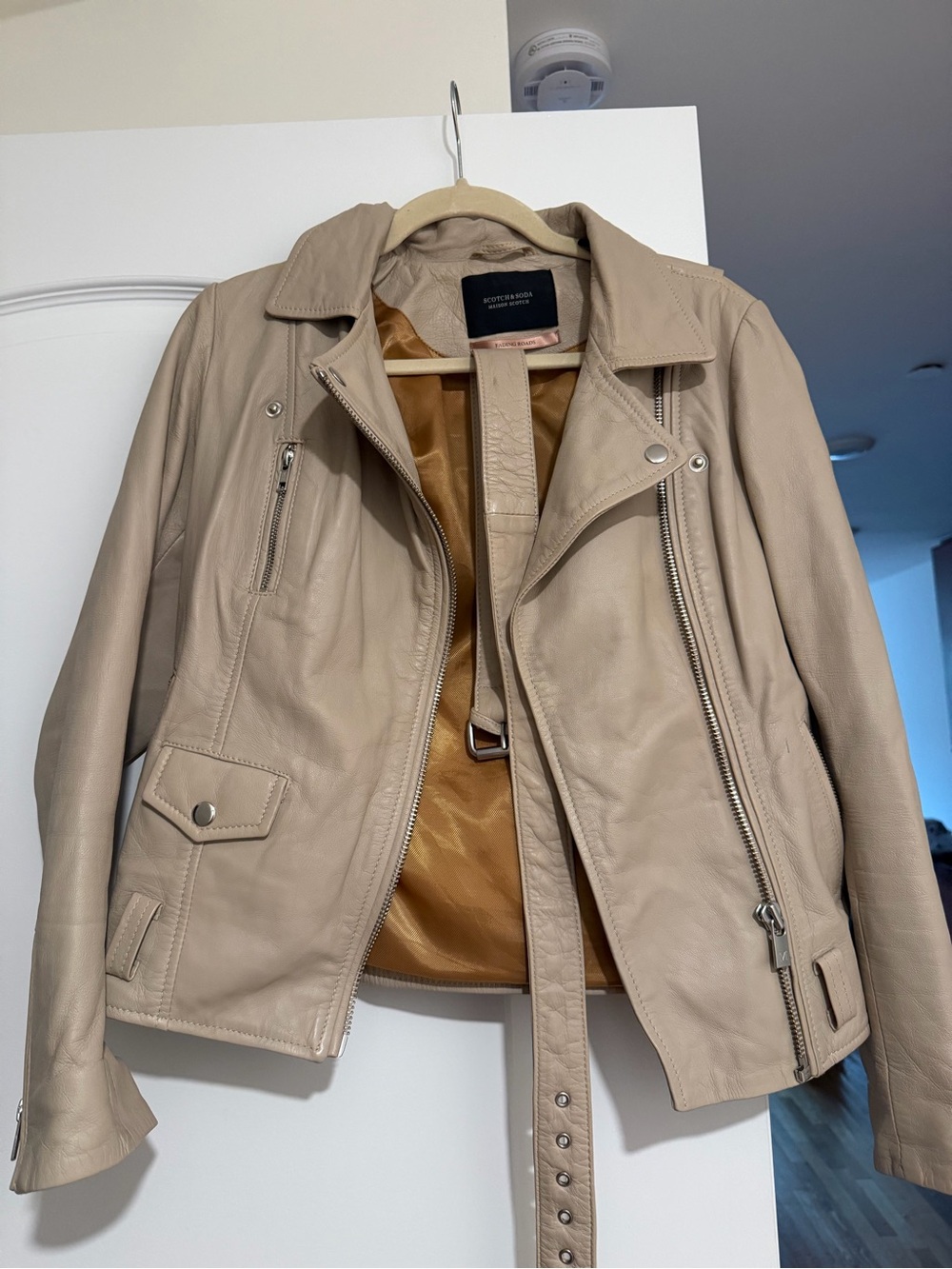 Scotch & Soda Beige Leather Moto Jacket with Belt